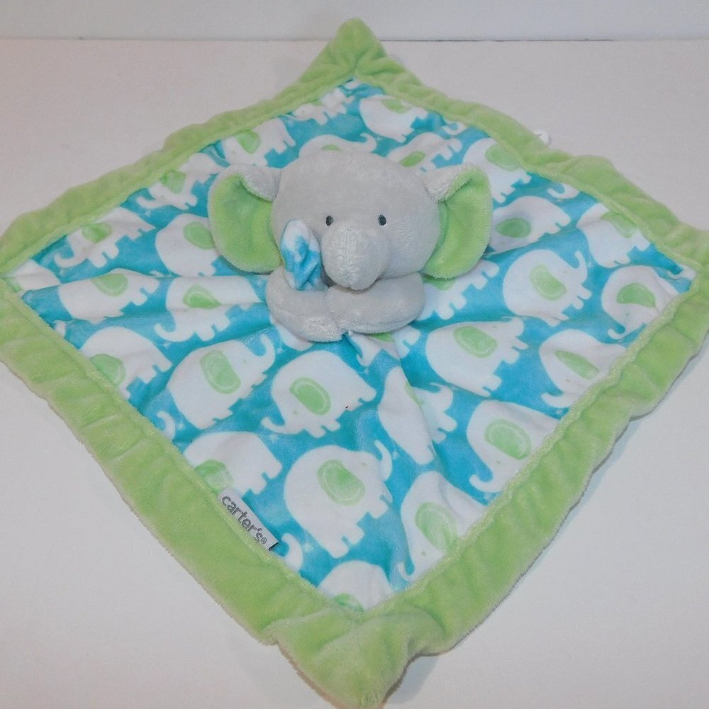 Carter's Gray Elephant Blue Green White Security Blanket Baby Lovey Nunu plush